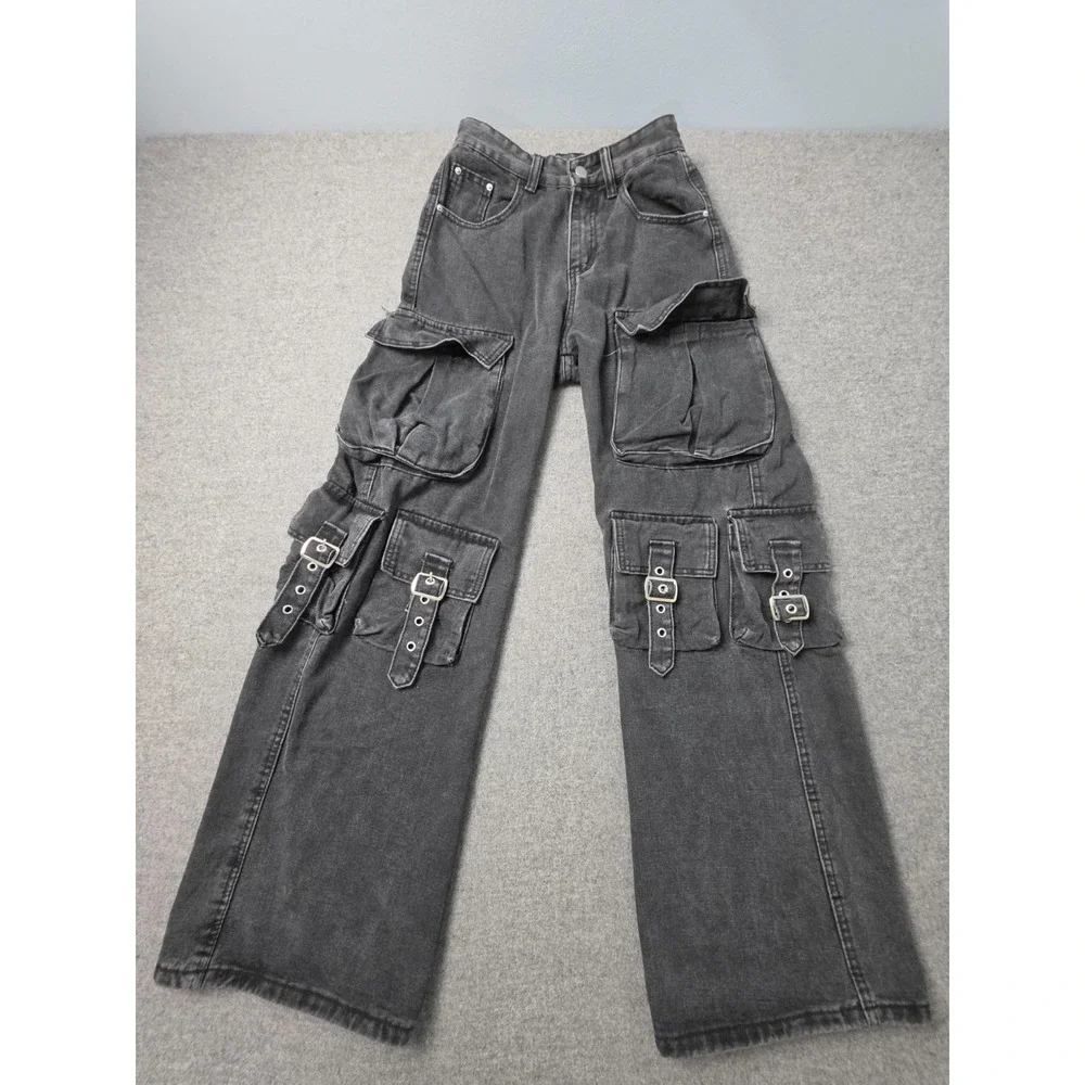Aelfric Eden Baggy Jeans Women 26 Black Denim Utility Pocket Wide Leg Streetwear